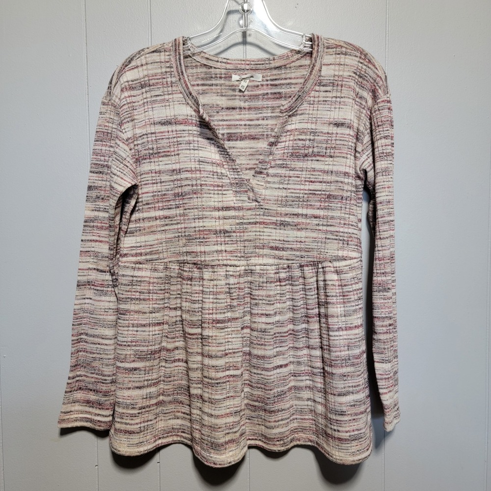 Maurices Womens XS Space Dye Ribbed Knit Babydoll Peplum Top Long Sleeve V-Neck